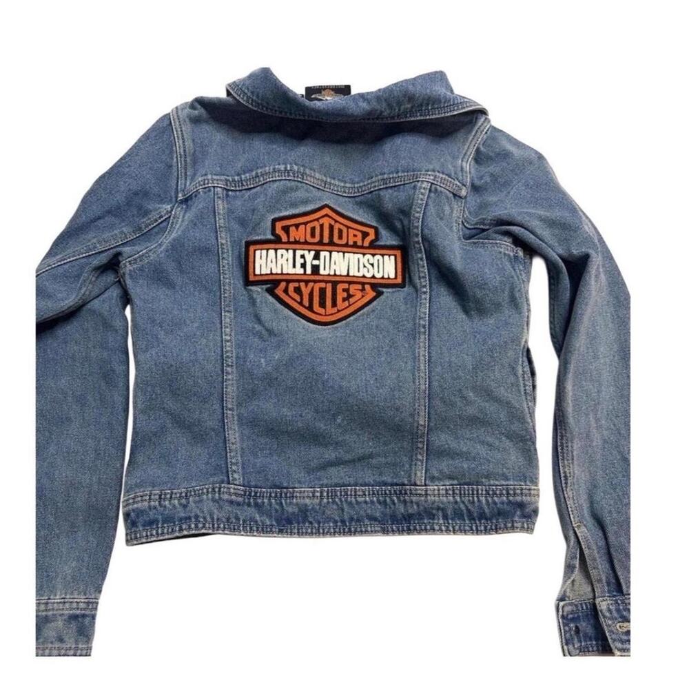 Vintage Harley Davidson blue denim jacket with orange & black logo size small